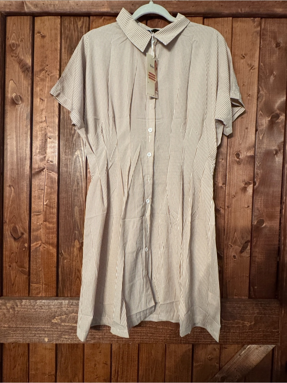 Women's Cream Striped Short-Sleeve Button-Down Dress